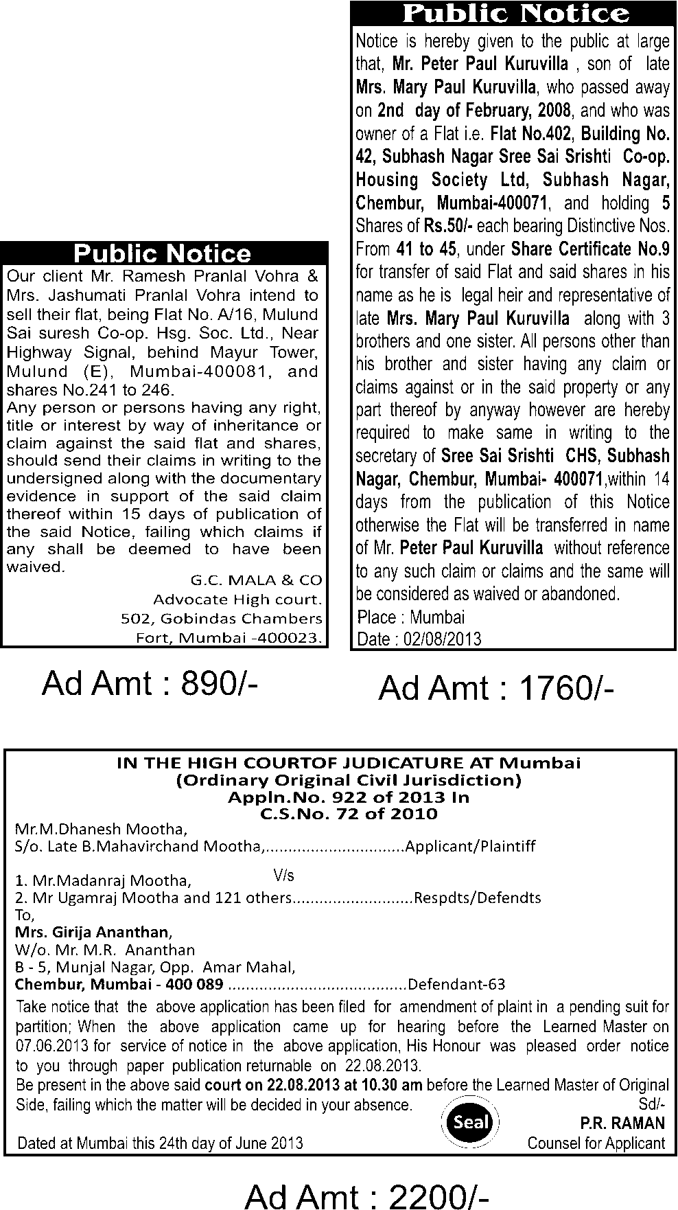 LEGAL NOTICE ADS IN 2 NEWSPAPERS 890/ ONWARDS